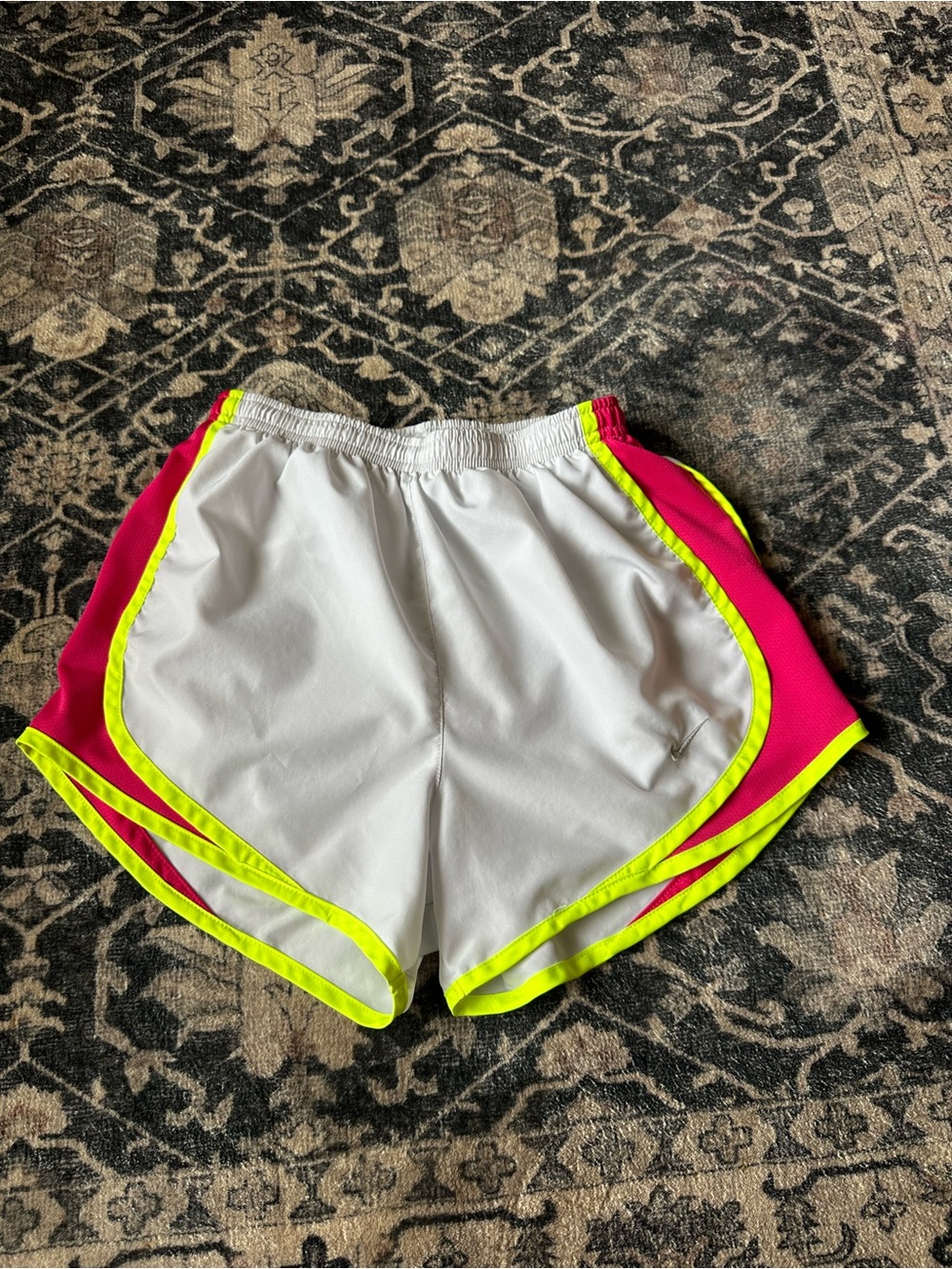 Nike Women's White Athletic Shorts with Pink Panels & Neon Trim